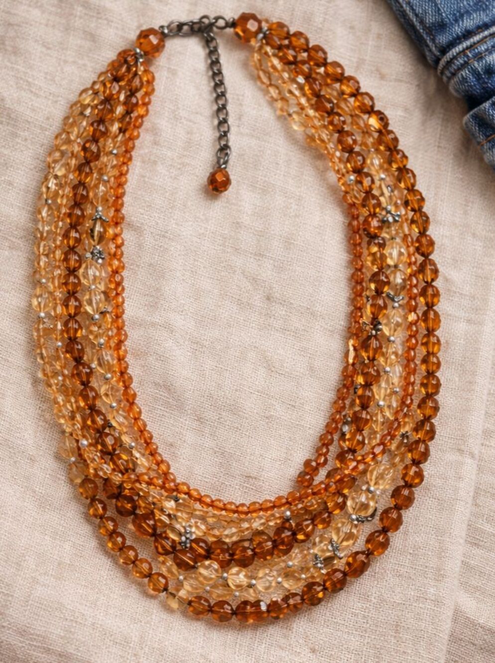 Multi Strand Beaded Necklace Glass Amber Copper Tone Statement Boho Vintage